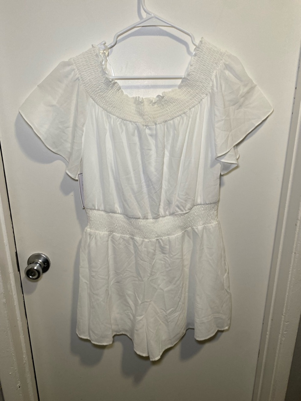 White Ruffle-Smock Mini Dress with Flutter Sleeves - Picture 5 of 5